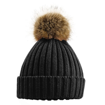 Faux Fur Pop Pom Chunky Beanie with Ma Simes Hem Tab Thumbnail